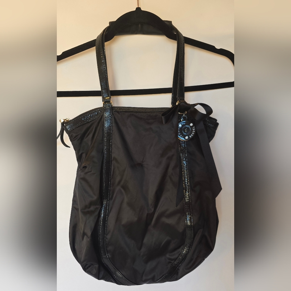 Henri Bendel Black Nylon Tote Bag Bow & Lock Charm Striped Lining